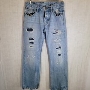 American Eagle Low Rise Boot Jeans Mens 30x34 Act 32x33.5 Blue Distressed Denim